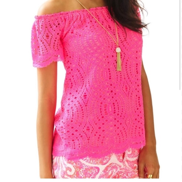 LILLY PULITZER off shoulder scolloped lace top / blouse / shell WHITE size Med - Picture 4 of 13